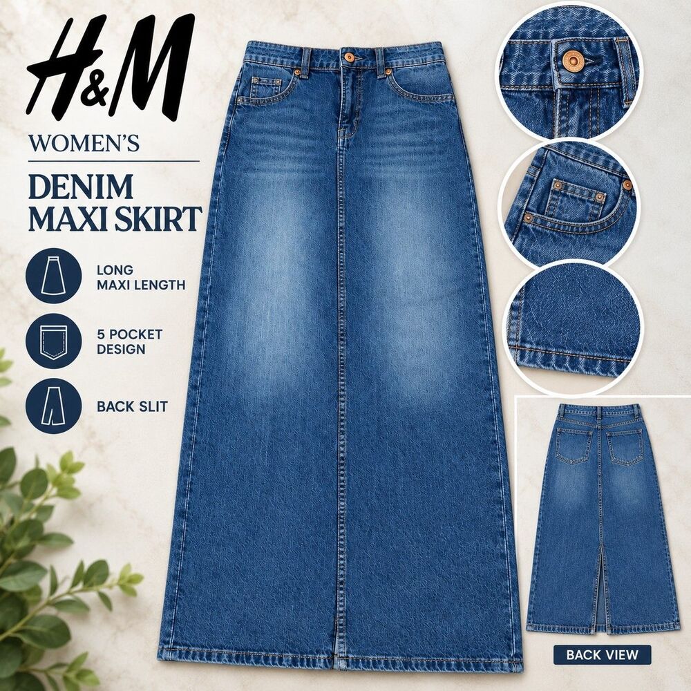 H&M Women's 0 Denim Maxi Skirt Blue 5 Pocket Back Slit Long